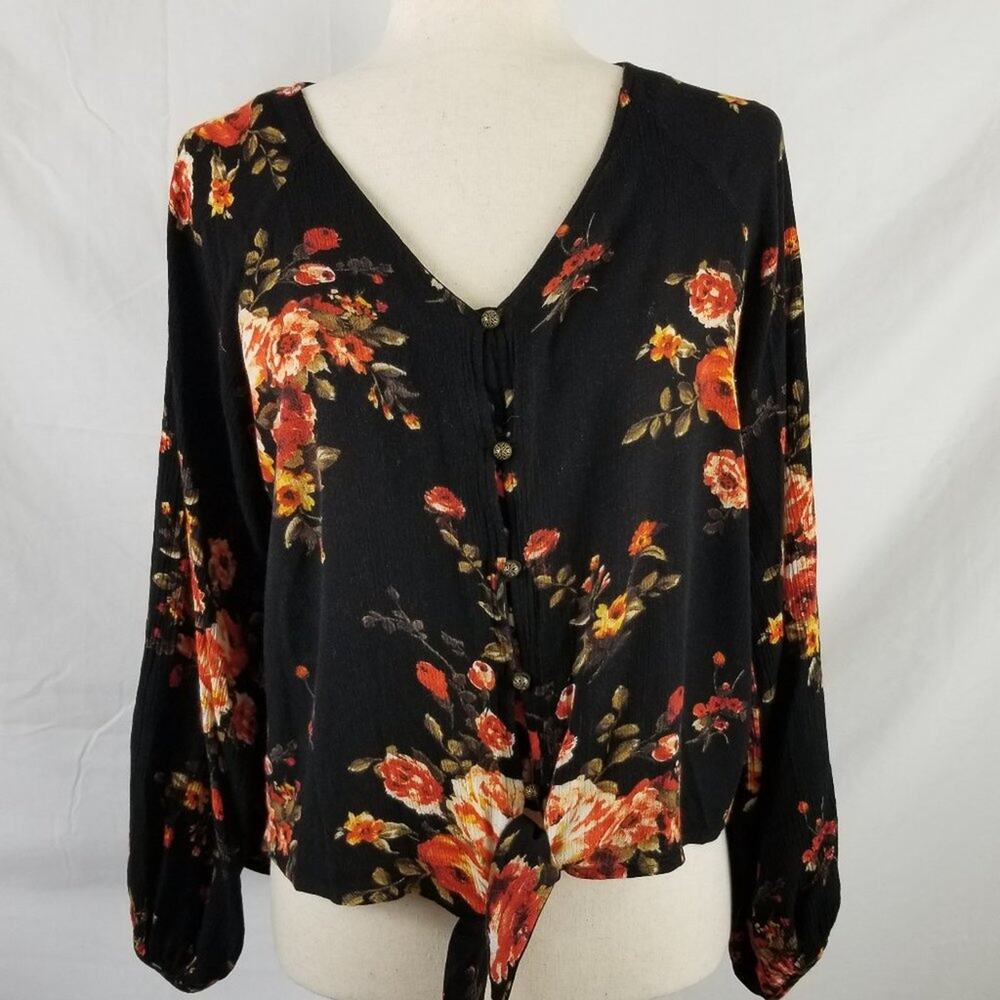 Love Riche Black & Multi Color Floral Tie Front Metal Buttons Good! Size S